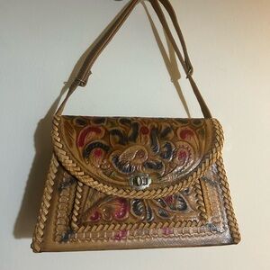 Hand Crafted Tan Leather Shoulder Bag with Multicolor Embroidery Made In Mexico